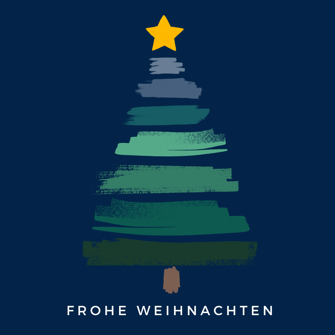 Weihnachtskarte mit der Aufschrift "Frohe Weihnachten" und einem Tannenbaum